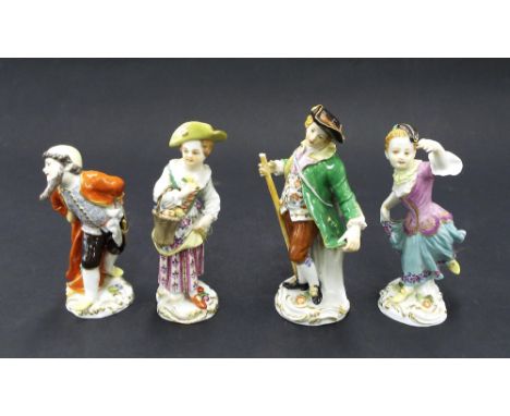 Pair of Meissen porcelain figures modelled as a bearded gentleman in a cloak and a flower picker, cross swords mark and inscr