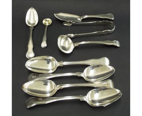 Collection of Georgian and later silver hourglass fiddle thread cutlery in the French manner, to include four table spoons, d