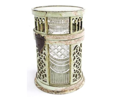 Interesting tole ware painted caddy stand, the hinged lid enclosing a good cut glass tea caddy, 7.5" high x 4.75" diameter