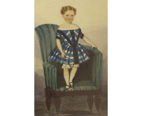 John E* Bosanquet (fl.1854-1861, Irish) - portrait of a child in blue dress standing on a period chair holding a riding whip,