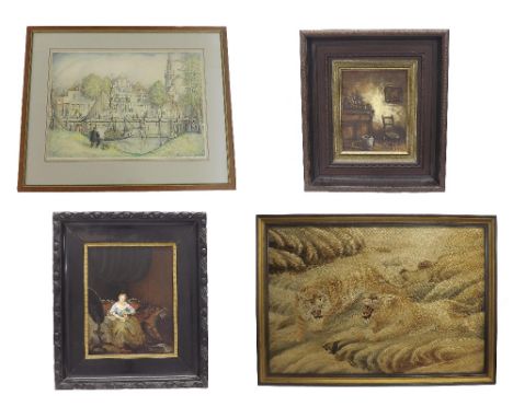 By H *Daniels (20th century) - interior scene with furniture, signed, oil on canvas, 9.5"  x 7.5", framed; together with oil 