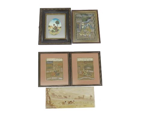 Mogul School - Four various portrait studies, all framed; together with a watercolour of Indian peasants in a field (5)