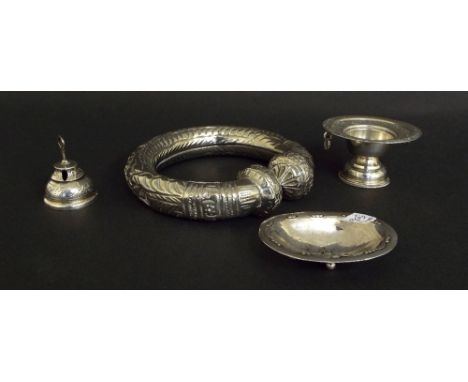 Georg Jensen (925) Danish silver oval salt embossed with petals on four ball feet, 3" long; Eastern white metal incense burne