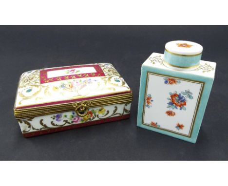 French porcelain and gilt metal rectangular trinket box decorated with floral displays and scrolled gilded highlights, inscri