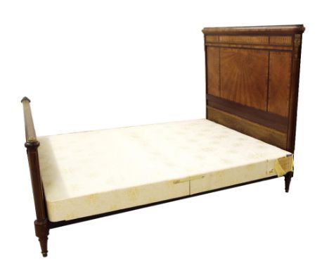 French rosewood and kingwood double bed frame with ormolu mounts, the headboard fitted with a sunburst panel, the backboard w