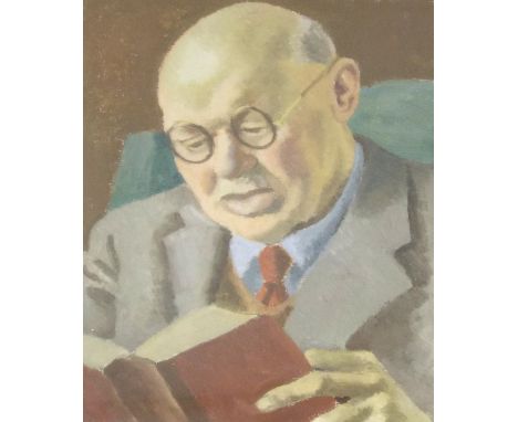 Bust portrait of a gentleman in spectacles reading a book, oil on canvas, 17.75" x 13.5", framed