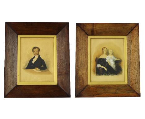 19th century School - portrait study of a seated lady with standing child in gown, overpainted photographic print, 8" x 6", g