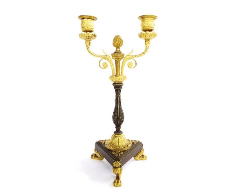 Attractive French ormolu twin branched candlestick with acorn finial barleytwist scrolled branches, acanthus baluster column 