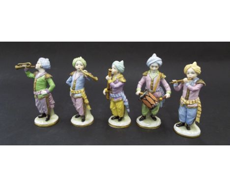 Sitzendorf porcelain Turkish band goup of five figures, comprising five children playing instruments in traditional dress, st