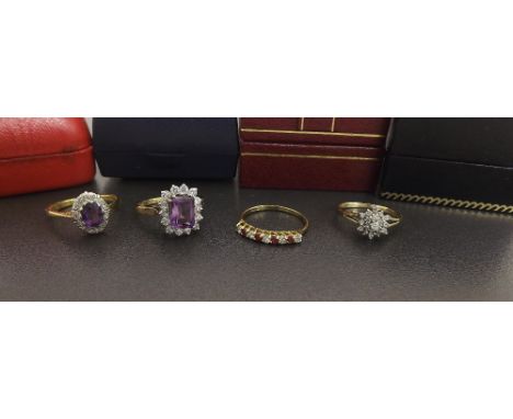 18ct amethyst and diamond oval cluster ring, 2.6gm; together with a 9ct diamond cluster ring, ruby and diamond half hoop ring