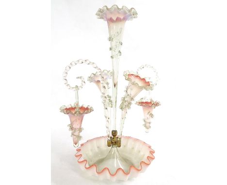 Victorian pink vaseline glass epergne, comprising central large trumpet vase flanked by two smaller trumpets and two candy ca