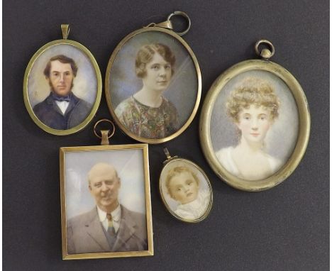 Group of five 19th century and later portrait miniatures on ivory, all within pendant frames, 2"-3.5" (5)