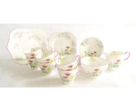 Shelley Oxford shape part tea service, pattern C.0149, decorated with poppies and a country park with pink highlights, compri