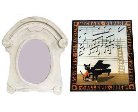 Decorative arched wall mirror fitted with an oval plate, 34" high; together with a Michael Bedard poster featuring a cat play