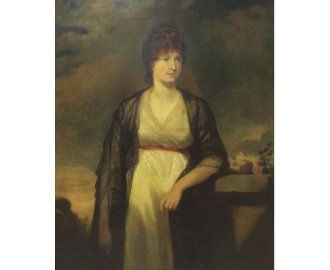 19th century School - 'Lady Home', portrait of a standing lady with a white linen dress and black silk shawl, oil on canvas, 