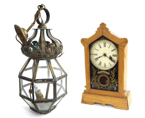 Octagonal glass and brass baluster hall lantern, 22" high; together with a shelf clock, 12" high (2)