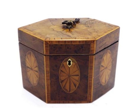 Attractive George III hexagonal burr yew tea caddy inlaid with panels of paterae within boxwood bands and rosewood crossbandi