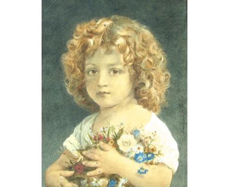 Follower of Auguste Bouvier (19th century) - Portrait of a young girl, half length, wearing a cream dress and holding a bunch