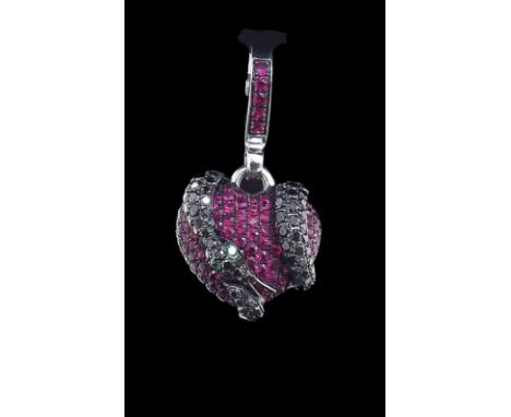 (25 9000044) Theo Fennell black diamond and ruby set heart/snake pendant, signed, 8gm, 32mm x 17mm 