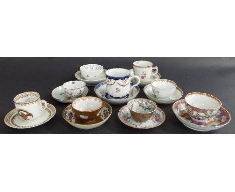 Collection of nine various Chinese porcelain tea cups or tea bowls on saucers, to include famille rose and armorial patterns 