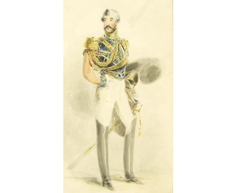19th Century School - portrait study of a Major in The 1st Regiment Life Guards, watercolour, 10.75" x 6", period giltwood fr