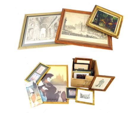 Large collection of framed pictures and prints to include a portrait study of a matador, abstract study, antique engravings, 