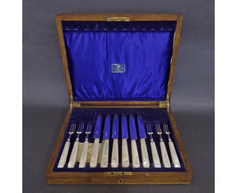 1920s oak canteen of pearl handled silver cutlery, comprising six knives and forks (with one extra spare fork), maker Atkin B