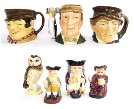 Royal Doulton Character jugs - 'Auctioneer', 'Jolly Toby', 'Falstaff', 'Happy John' and two others; together with Royal Doult
