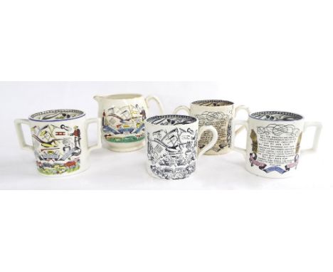 Collection of four antique and later ceramic God Speed the Plough cider mugs, 4.5" high approx; together with a further God S