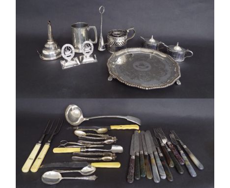 Collection of silver plate to include wine funnel, two Regency style mustards with blue glass liners, Sheffield plate wine fu