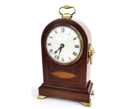 Edwardian mahogany inlaid arch top bracket clock, applied with twin lion head brass handles, 11.5" high