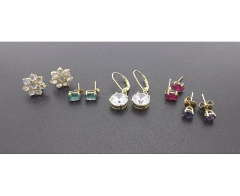 (82 800041-1-a) Five assorted pairs of stone set earrings, to include ruby, emerald, tanzanite, paste and moonstone, 6.9gm