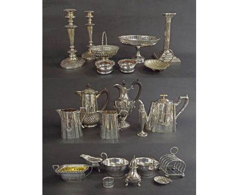 Large mixed collection of good silver plate to include Regency style teapot, pair of tapered candlesticks, Corinthian column 