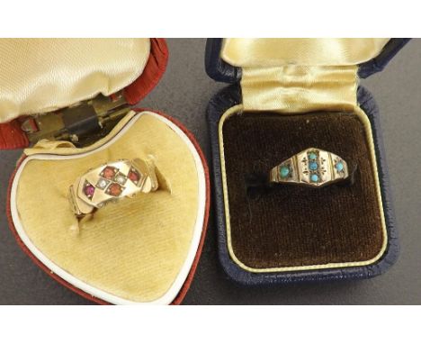 Late Victorian ruby and pearl ring, Chester 1897, ring size J; together with an antique 9ct turquoise set ring, 3.3gm in tota