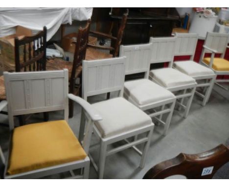 6 oak painted Ercol chairs including 2 carvers, with Ercol labels (rare pattern) COLLECT ONLY.