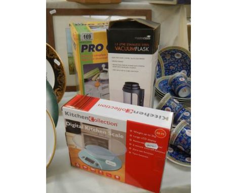 A boxed digital scale, vacuum flask etc., 