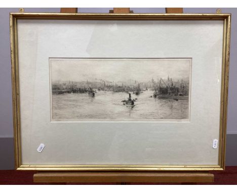 WILLIAM LIONEL WYLLIE (1851-1931)River Scene with Boats, etching, signed in pencil in the margin and LVIII,16 x 37.5cm