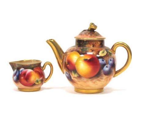A Royal Worcester Porcelain Miniature Teapot and Cover, painted with ripening fruit against a mossy woodland bank, signed ind