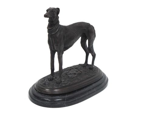 AFTER PIERRE JULES MENE (1810-1879); A Bronze Model of a Greyhound, raised on a stepped black oval marble base, signed Mene, 