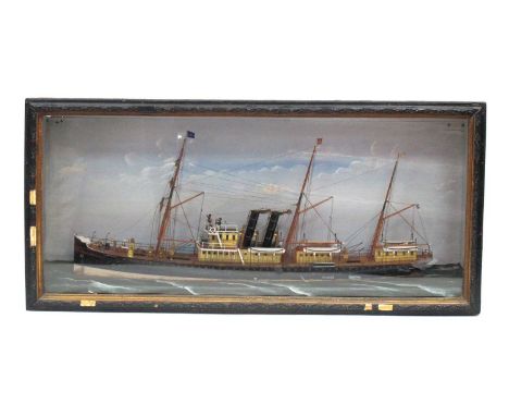 An Early XX Century Model of S.S. Stanley, the glass fronted case housing the detailed steam sail ship, having two funnels, l