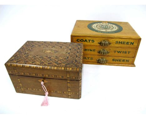 A 'J &amp; P Coats' Shop Counter Display Chest, of three drawers with brass handles, the top with logo and each drawer inscri