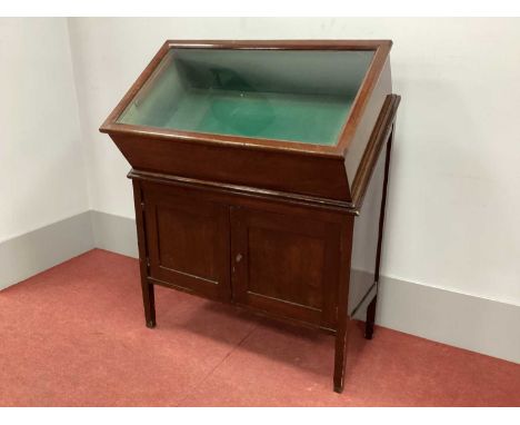 A XX Century Mahogany Display Cabinet, with hinged sloping glazed top to baized interior, over twin panelled doors on square 