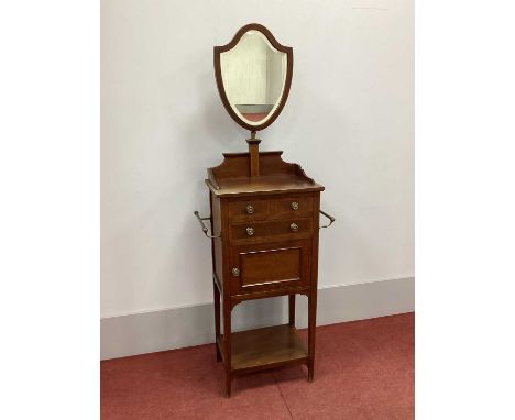 An Edwardian Mahogany Inlaid Shaving Cabinet, with adjustable shield shaped mirror, cabinet with three-quarter gallery and tw