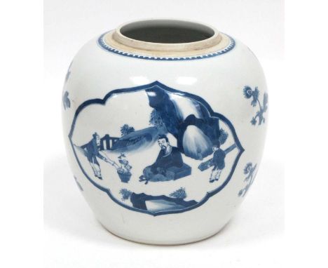 A Late XIX Century Chinese Porcelain Ginger Jar (lacking cover), painted in blue with figures in rocky landscapes, 20cm high.