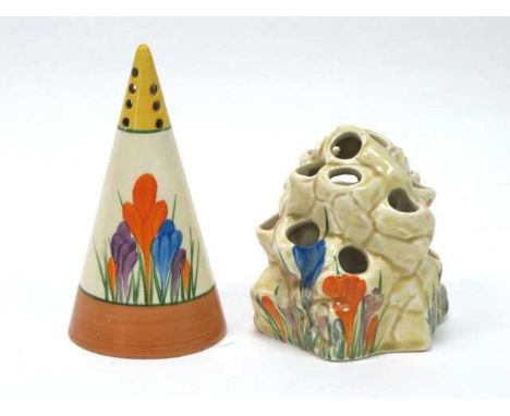 A Newport Pottery Clarice Cliff Conical Sugar Caster, painted in the orange, purple and blue 'Crocus' pattern, printed marks,