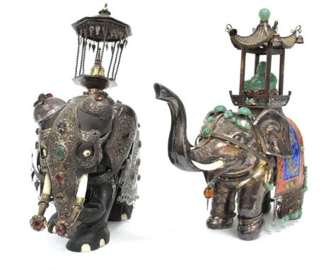 An Indian 'Silver' Model of an Elephant, with elaborate cloisonné and hardstone set decoration, a Buddha riding on its back, 