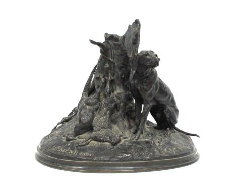 AFTER PIERRE-JULES MENE (1810-1879); A Bronze Group of a Pointer as He Guards the Game Bag, before a tree stump, signed and d