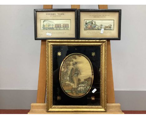 Two Stevengraphs, worked in coloured silks, 'Stephenson's Triumph' and 'The London and York Royal Mail Coach', 5 x 15cm and a