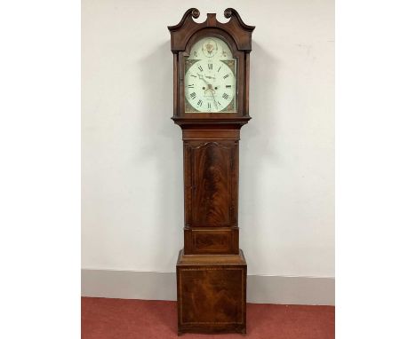 A XIX Century Mahogany Eight Day Longcase Clock, The hood with swan neck pediment and arched door to white dial inscribed "Mi