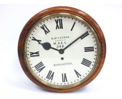 Railway Interest: A Rare Manchester, Sheffield and Lincolnshire Railway Oak Cased Wall Clock, the circular white enamel dial 